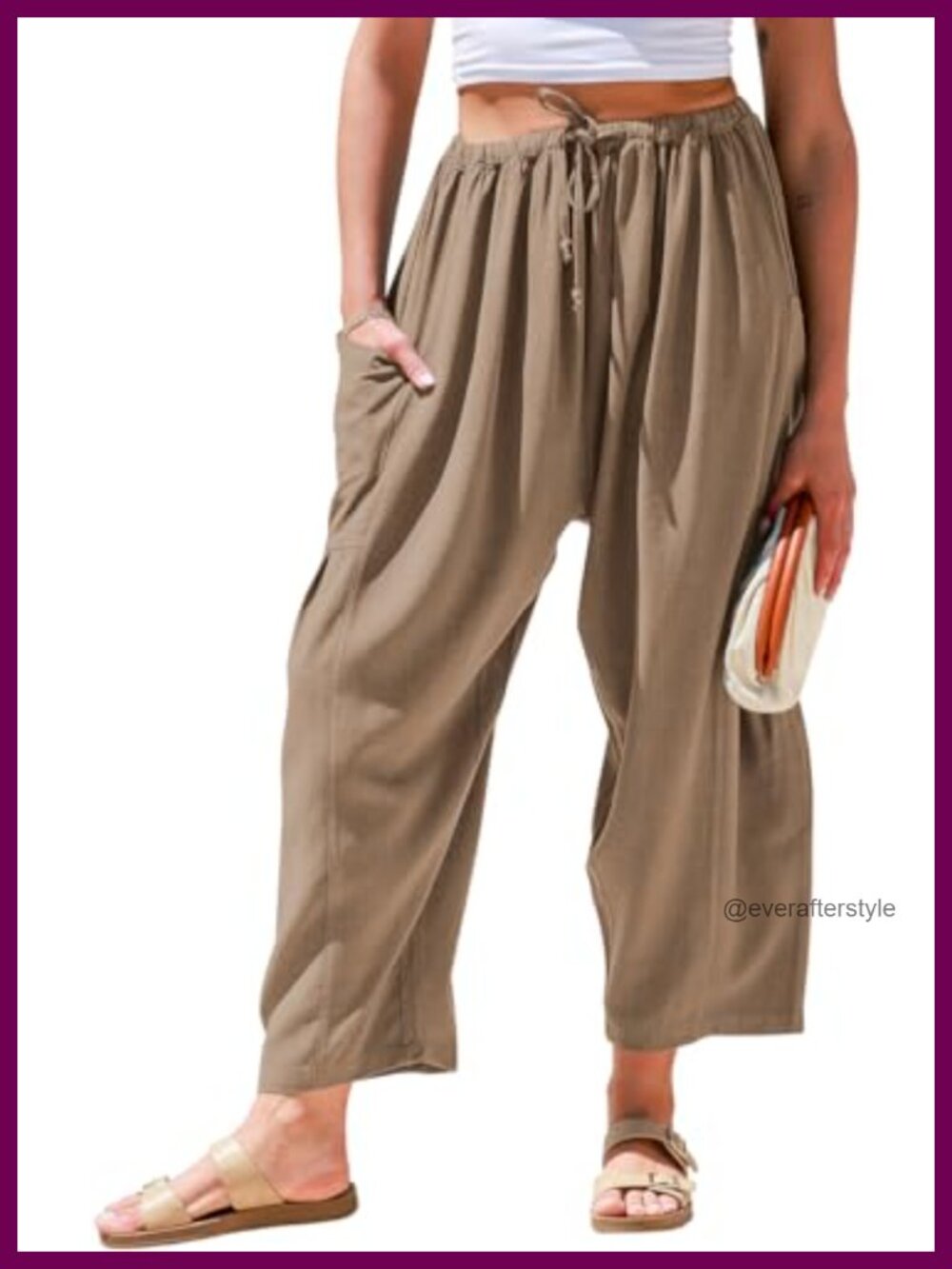 Womens Linen Wide Leg Palazzo Harem Pants with Pockets Drawstring